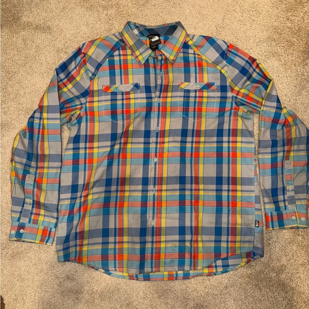 The North Face Men's Multicolor Plaid Button-Down Shirt — Blue, Yellow, Red
